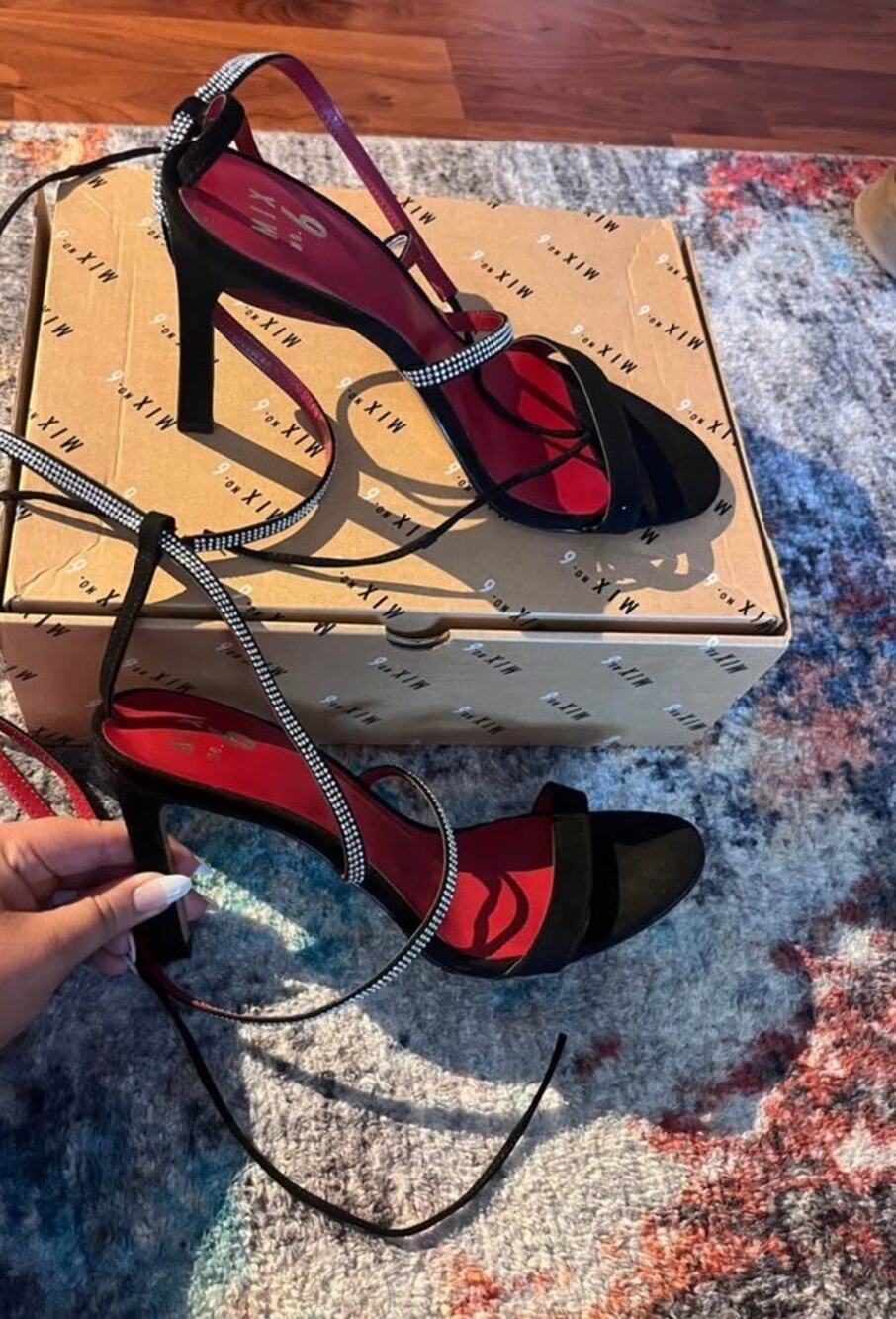 Mix No. 6 Women’s Size 10 Black Red Silver Strappy Open Toe Rhinestone Heels